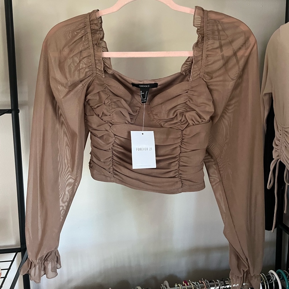 NWT Forever 21 Brown Mesh Long Sleeve Top - XS